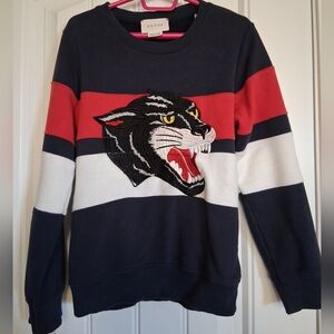 Gucci Panther Embroidered Kid's Crewneck Sweater Blue, Red, White